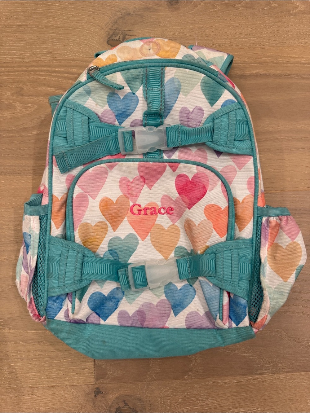 Personalized Pottery Barn Kids Heart Print Backpack in Teal - Grace